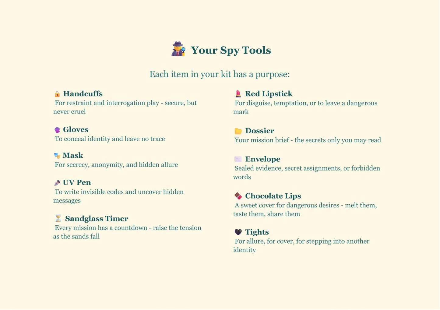 AMORE ME Kit of 10+ items for lovers in role game: "Spies"